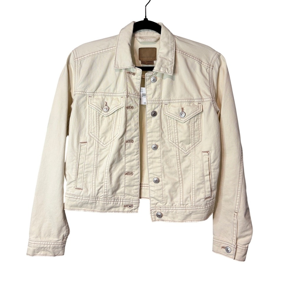 American Eagle Women XS Cream Denim Trucker Jacket Ivory Contrast Stitch